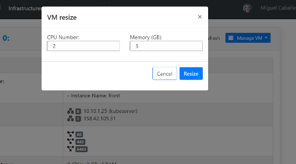 VM Resize modal form.