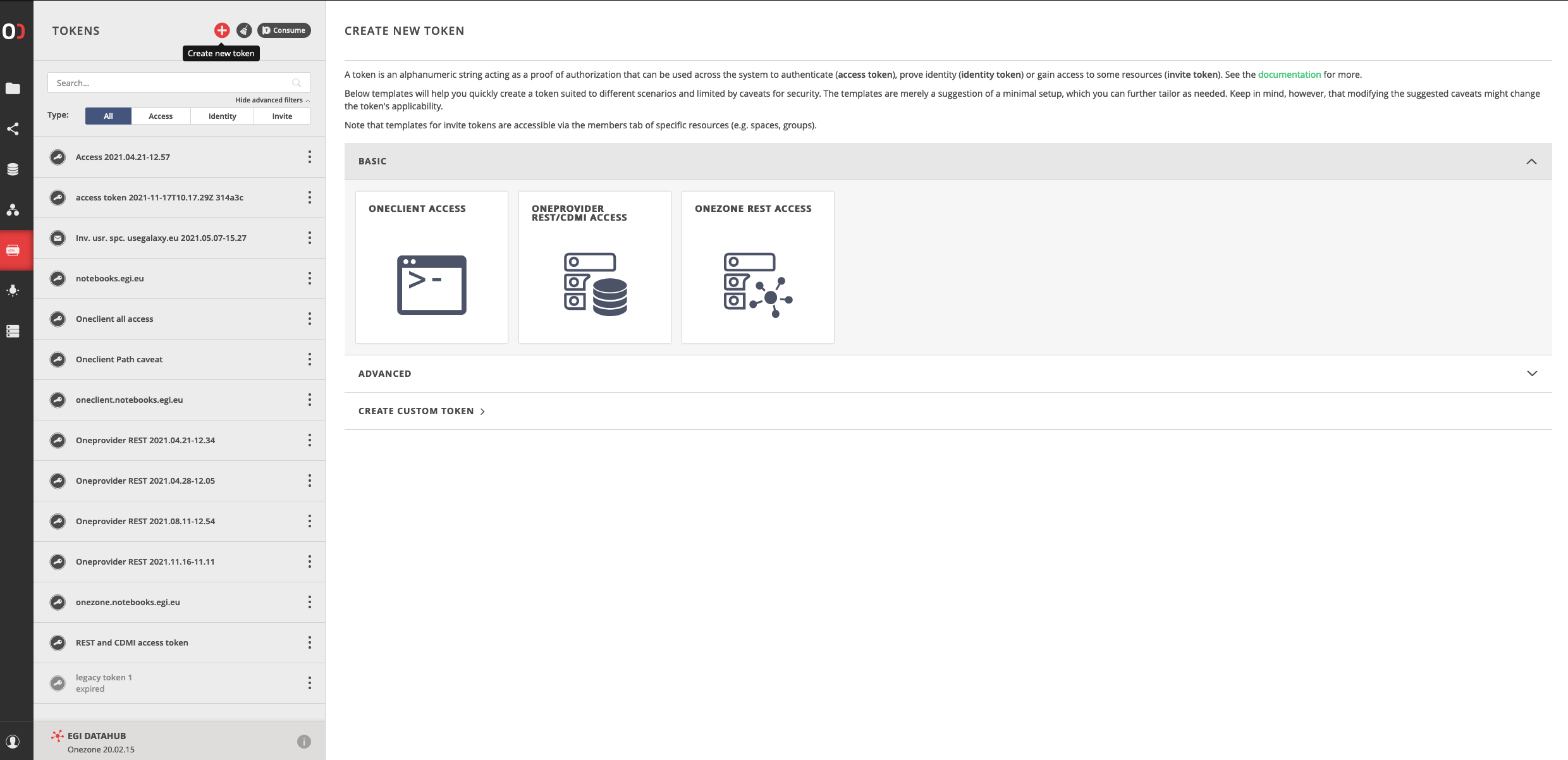 Managing access tokens from EGI DataHub