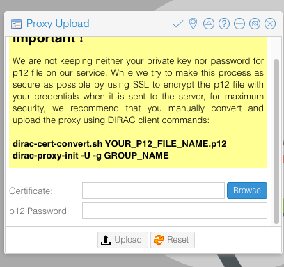 The wizard to upload the .p12 proxy certificate