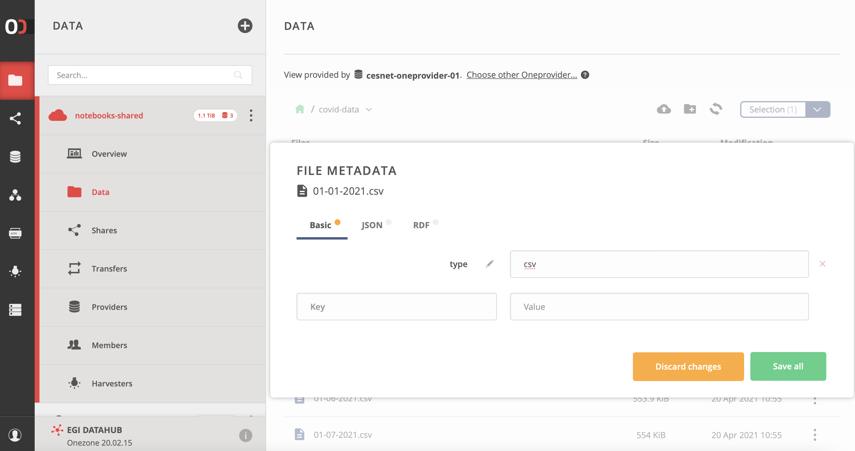 Management of metadata using the web interface