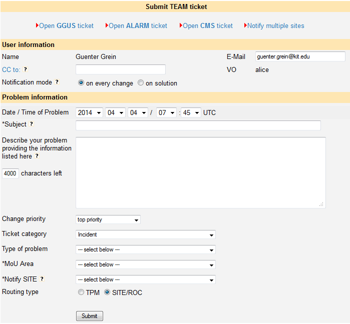 Submit form for team tickets