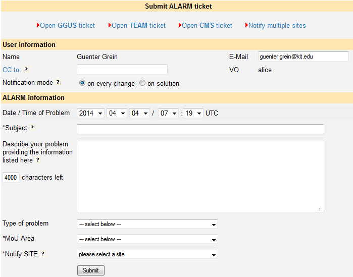 Alarm tickets submit form