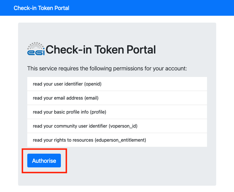 EGI Check-in Token Portal Home Page