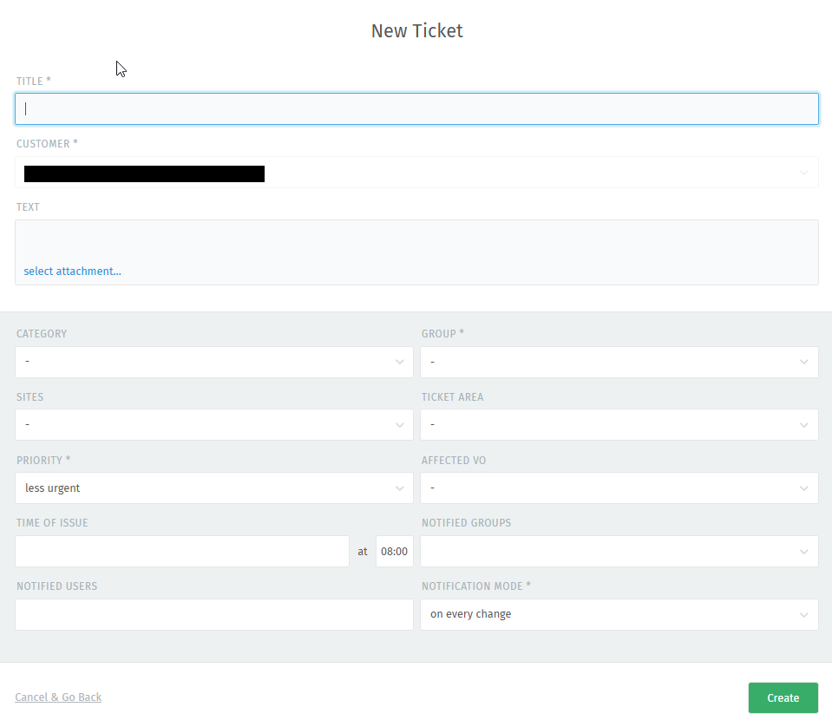 Ticket submit form on web interface