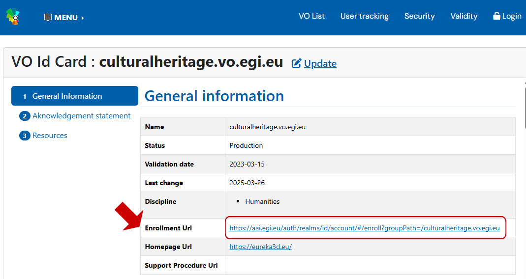Enrolment URL of a VO in the Operations Portal