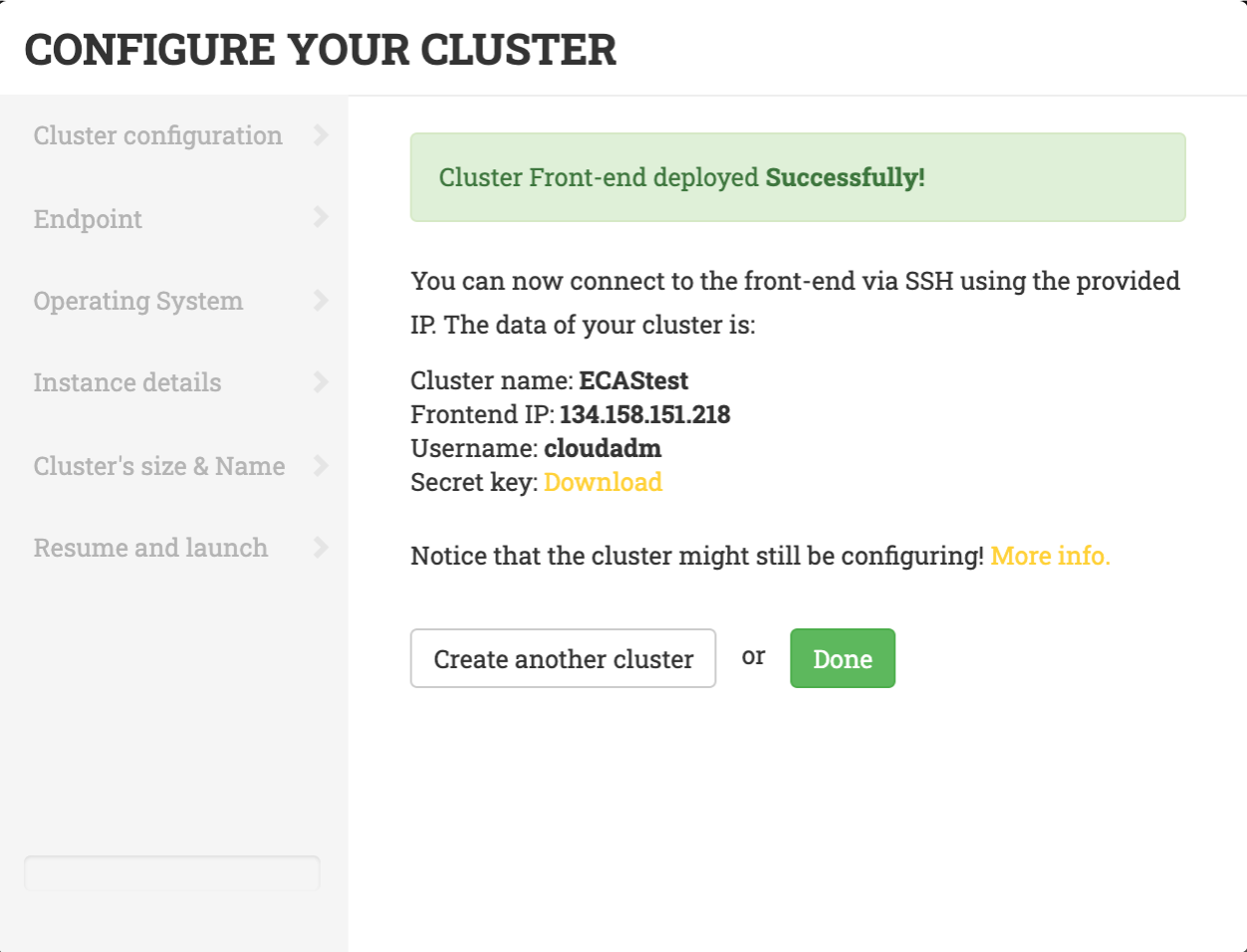 Cluster ssh credentials